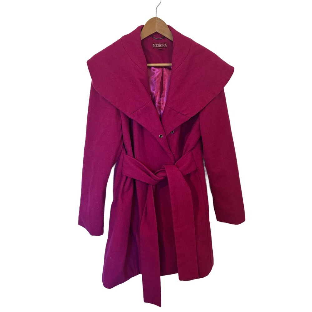 Merona Womens Magenta Pink Wool‎ Blend Wrap Coat Oversized Shawl Collar XL